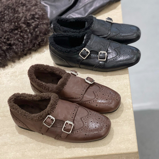 头层牛皮欧版羊毛雕花布洛克小皮鞋女2025新款加绒真皮通勤乐福鞋