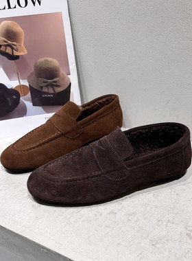 复古真皮加绒一脚蹬乐福鞋女2025冬季新款深口豆豆单鞋软底老钱风