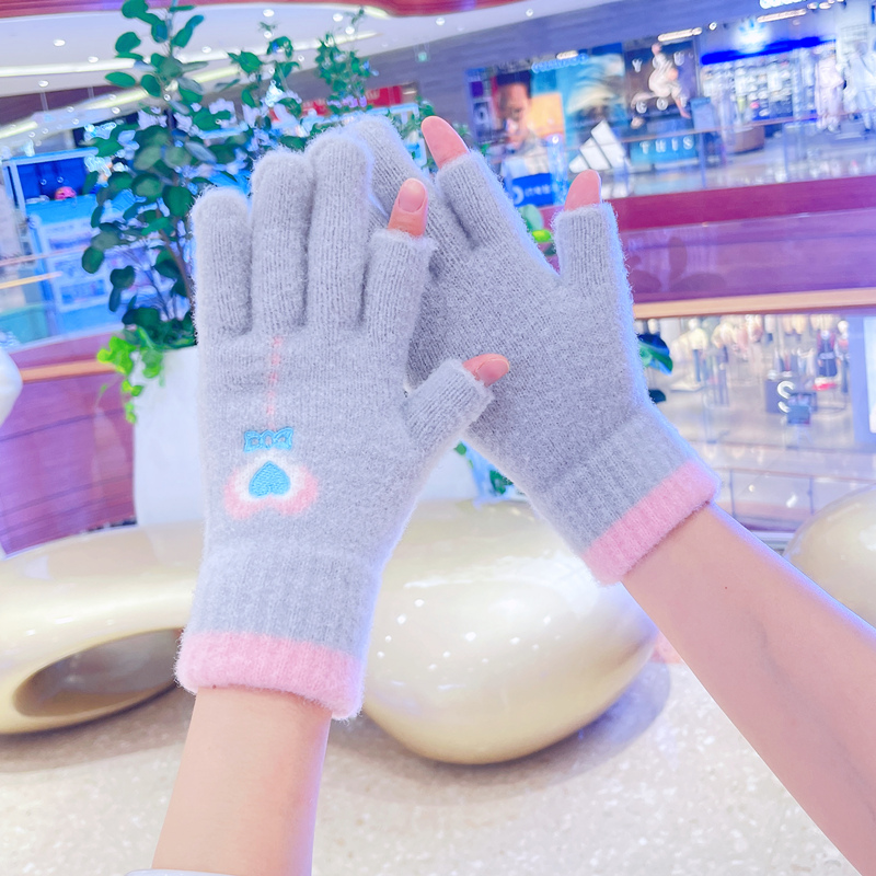 2024年新款露二指毛线手套女冬季保暖针织防寒画画写字学生两指秋