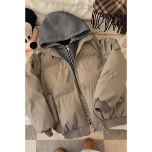 连帽皮衣 高级感加厚三防美式 酷尚卡其色假两件羽绒棉服男冬季 短款