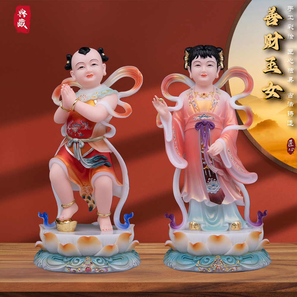 鸿福汉白玉善财童子龙女佛像金童玉女神像童男童女供奉聚福摆件
