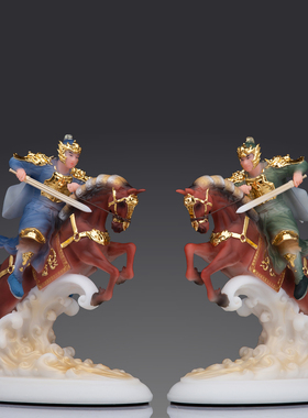 汉白玉黄小跑黄小报神像报马二童子居家供奉左右对马保平安摆件