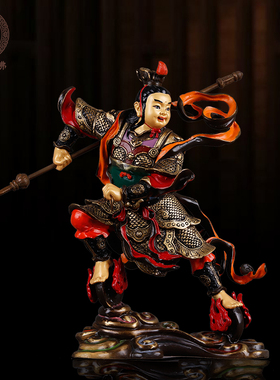 祥狮纯铜彩绘哪吒神像风火轮中堂
