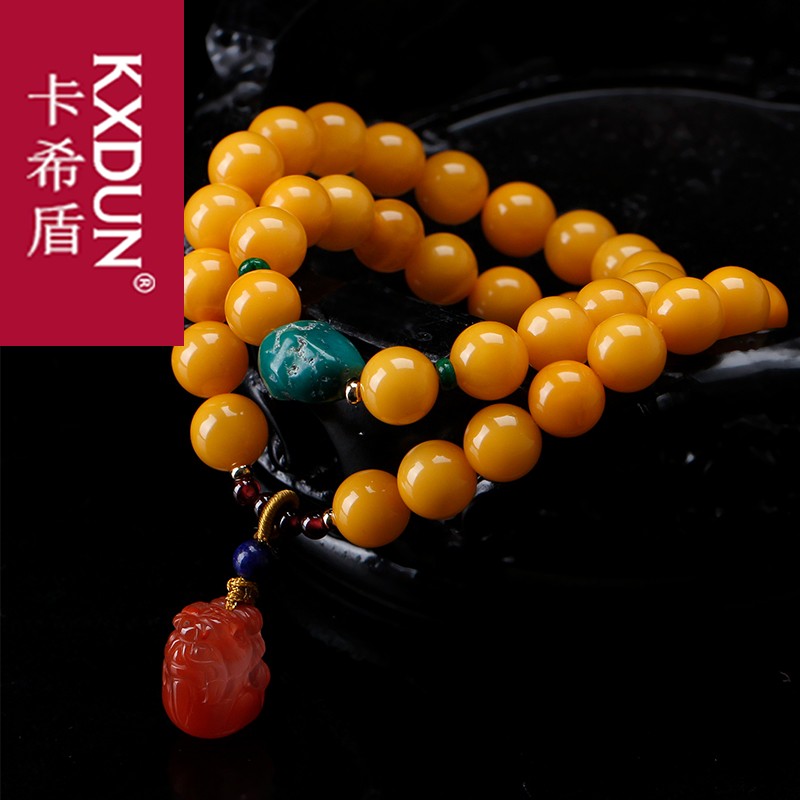 KXDUN貔貅吊坠蜜蜡圆珠手链天然鸡油黄蜜蜡琥珀原石手串gs0826