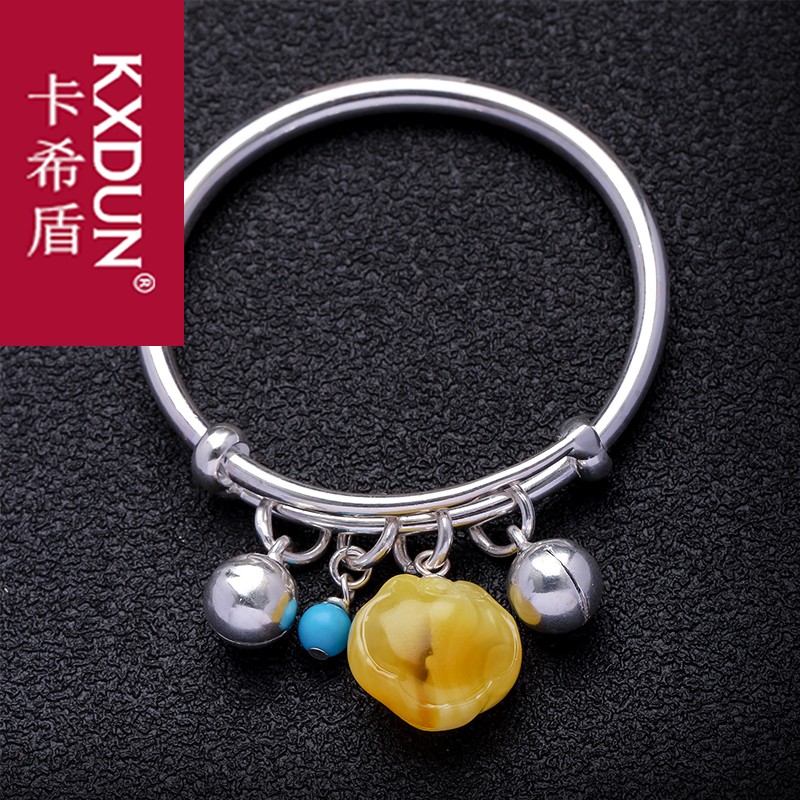KXDUN平安锁999足银宝宝手镯天然鸡油黄蜜原石琥珀手链手串gs0826