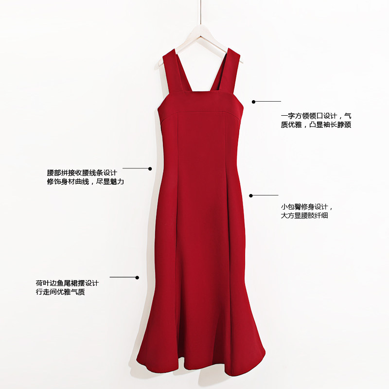新品红色连衣裙j女夏赫本风法式显瘦长裙设计感小众背带鱼尾裙订