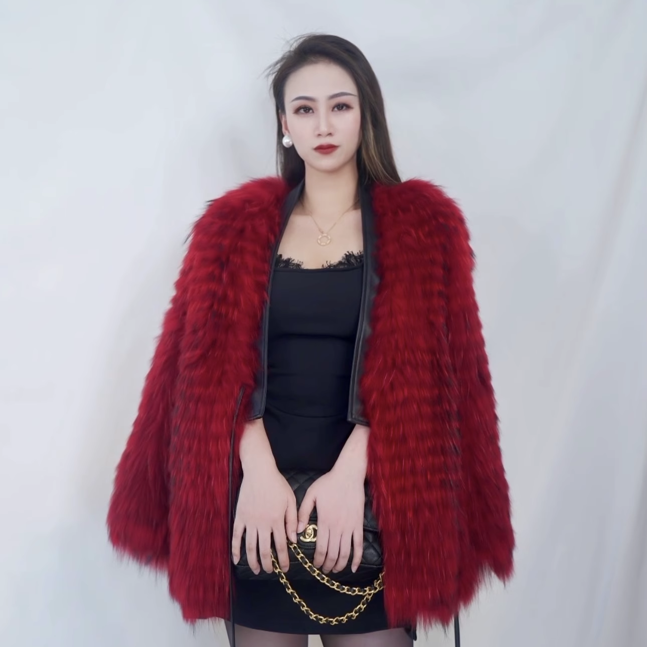 2024新款貉子毛车条工艺皮草外套中长女V领年轻时髦腰带网红爆款