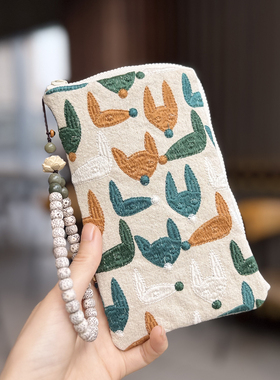 枫外手作  手工L型拉链手机包卡包  手拿包 爱的小狐狸重工刺绣款