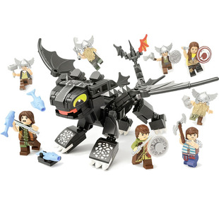 欧洲中古士兵维京人仔黑夜飞龙拼装积木场景益智儿童玩具