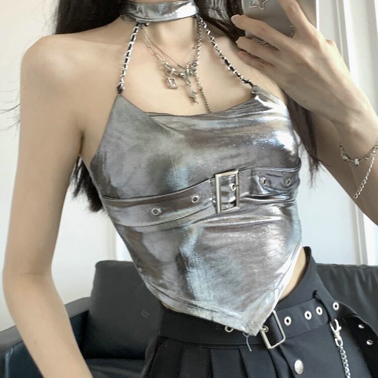 实拍#2024夏季高级感纯欲银色V型收腰辣妹挂脖吊带背心女性感抹胸