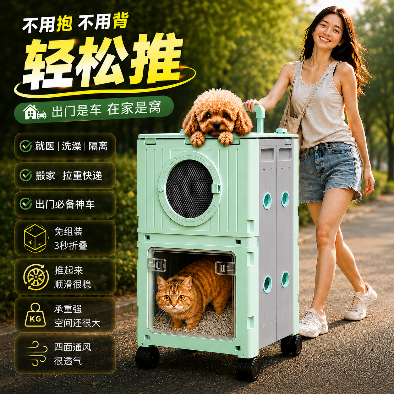 双层航空箱猫咪专用超大容量猫包外出便携折叠推车宠物拉杆行李箱