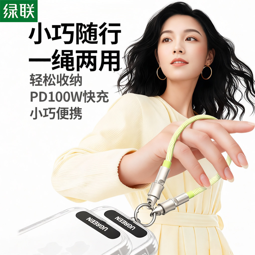 绿联二合一挂绳充电线100WPD快图片
