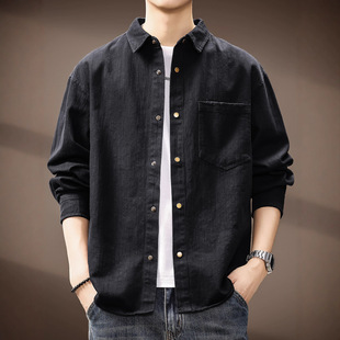 休闲日系长袖 高端纹理感复古水洗工装 新款 男秋季 衬衣外套 衬衫