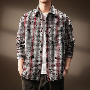 潮流设计感长袖 男秋冬新款 衬衣外套 复古磨损泼墨格子衬衫 高端美式