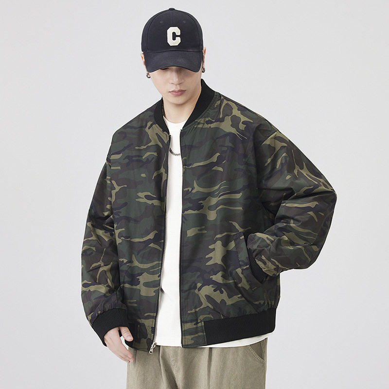 2025秋双面穿美式复古迷彩棒球服山系户外飞行员夹克美潮高街外套