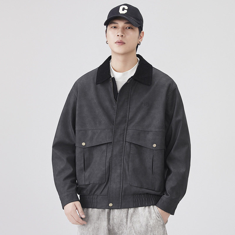 翻领美式pu皮衣男生户外通勤百搭高街复古流行开衫夹克外套男2025