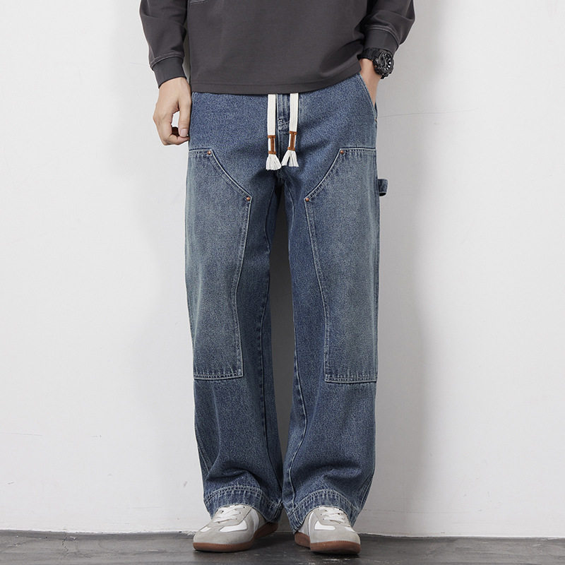 美式复古工装做旧阔腿牛仔裤