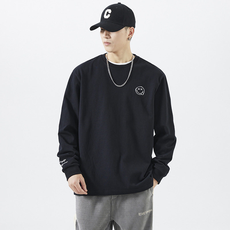 秋季长袖t恤男圆领卫衣宽松运动纯棉笑脸刺绣休闲打底衫上衣