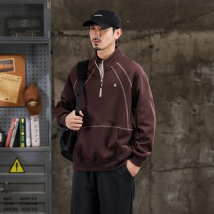 潮流上衣 复古半拉链明线立领纯棉卫衣男款 秋冬款 加绒卫衣保暖美式