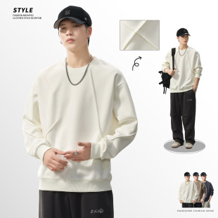 2025新款 男士 秋季 潮流宽松休闲长袖 上衣 美式 纯色圆领卫衣男款