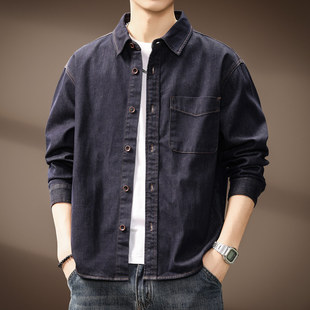 辑明线长袖 高端复古丹宁水洗牛仔衬衫 宽松美式 新款 衬衣 男2025秋季