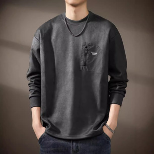 卫衣男打底衫 T恤男高端复古上衣宽松大码 重磅麂皮绒长袖 370g美式