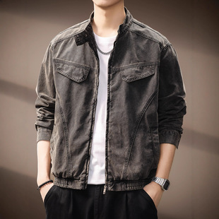港风潮牌宽松立领夹克男 外套男春秋新款 高端复古做旧明显装 饰工装