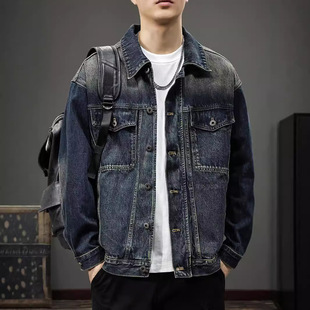 夹克水洗宽松翻领男装 春秋新款 痞帅工装 牛仔外套美式 休闲百搭男士