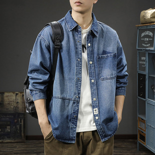 休闲工作服夹克痞帅翻领外 美式 秋冬潮牌复古牛仔衬衫 男宽松大尺码