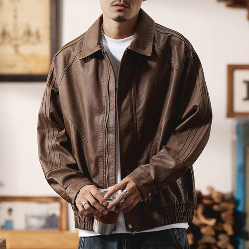 澳洲进口复古PU男皮夹克