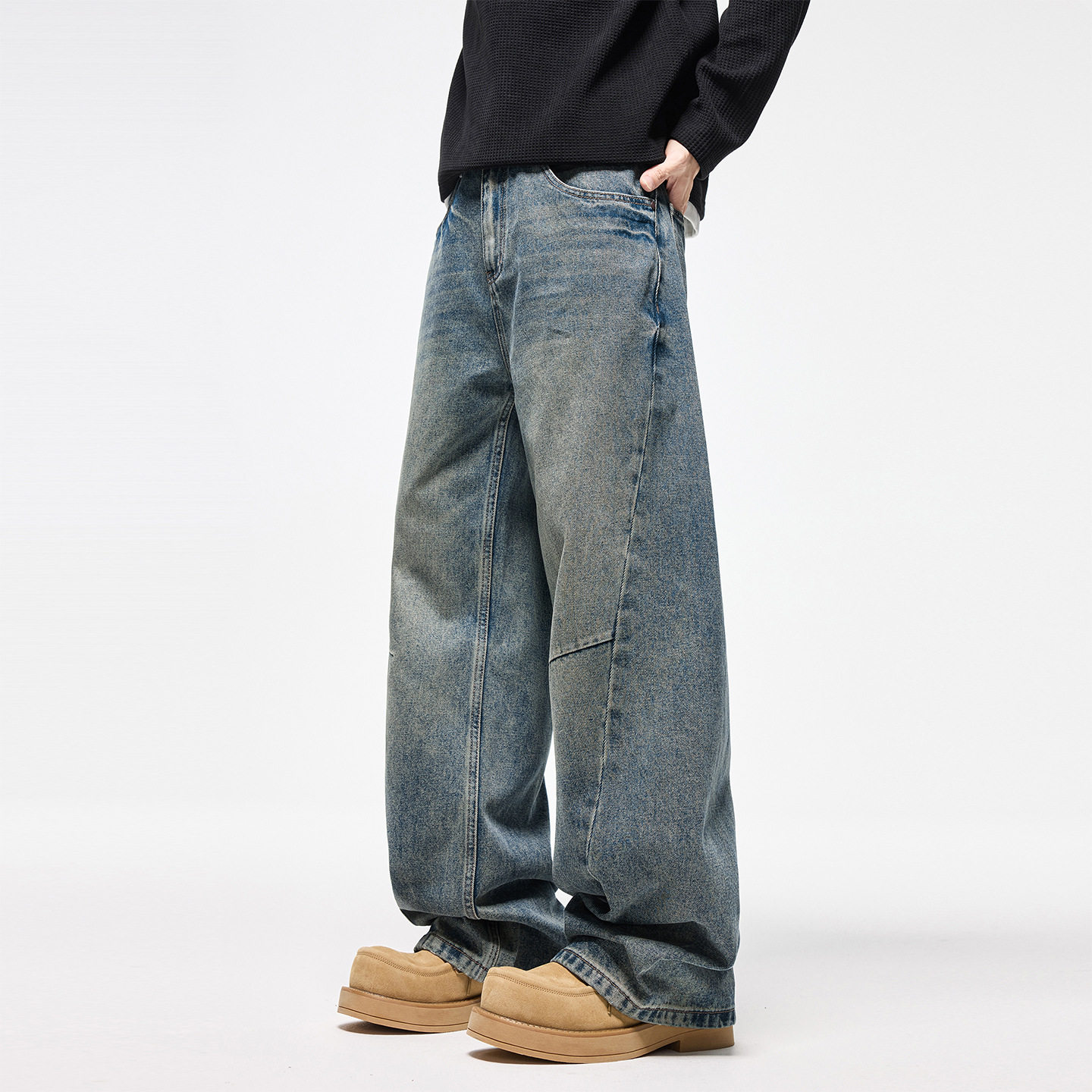 2025秋冬款复古做旧水洗牛仔裤男款阔腿宽松直筒设计感长裤子批发