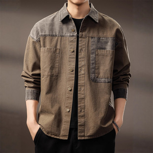 复古撞色拼接长袖 新款 衬衫 2025秋季 宽松潮牌衬衣外套 男士 高端美式