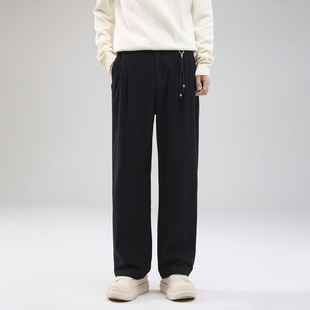 创意腰绳宽松直筒长裤 秋季 男复古纯色潮牌运动裤 休闲裤 子 新款