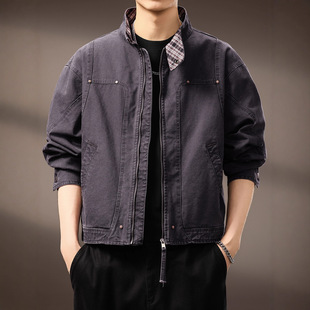 高端420克重磅双股珠帆夹克男美式 质感耐磨挺阔短宽立领外套 经典