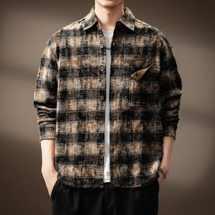 宽松休闲百搭工装 高端美式 男秋季 衬衫 翻领外套男 复古磨毛格子长袖
