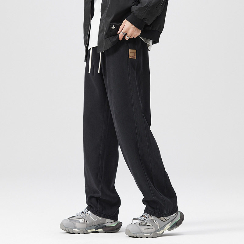 松紧腰牛仔裤男款宽松直筒阔腿长裤秋季潮牌高街莱赛尔裤子男