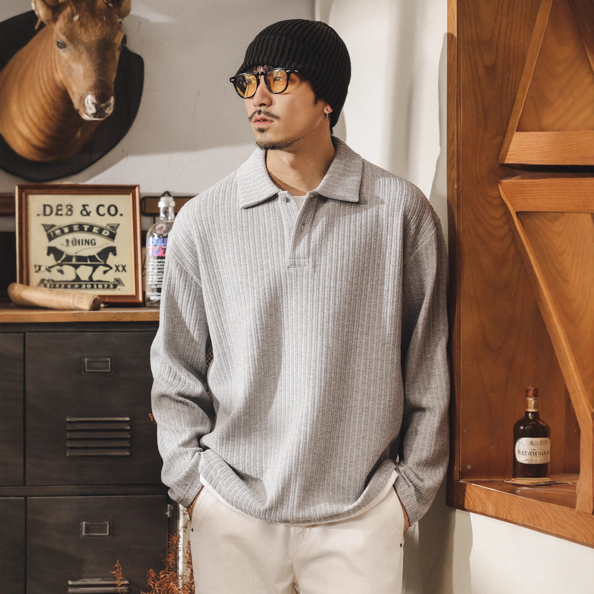 美式重磅复古Polo衫男士秋季新款针织提花毛衣潮流假两件长袖上衣