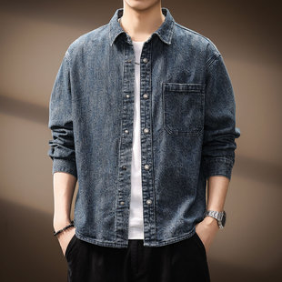 工装 高端美式 新款 男2025秋季 衬衣外套 重磅竖条肌理感水洗牛仔衬衫