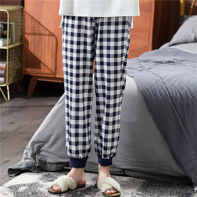 断码清仓女生纯棉睡裤束脚长裤高腰宽松格子全棉家居裤秋冬季外穿