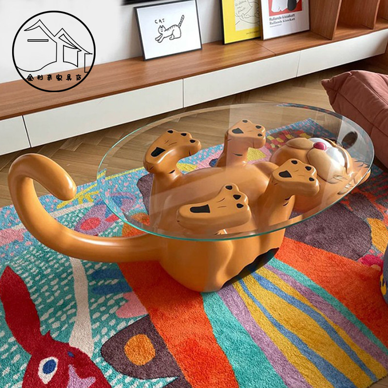 北欧设计师玻璃钢异形简约卡通可爱加菲猫桌子创意实木桌客厅茶几