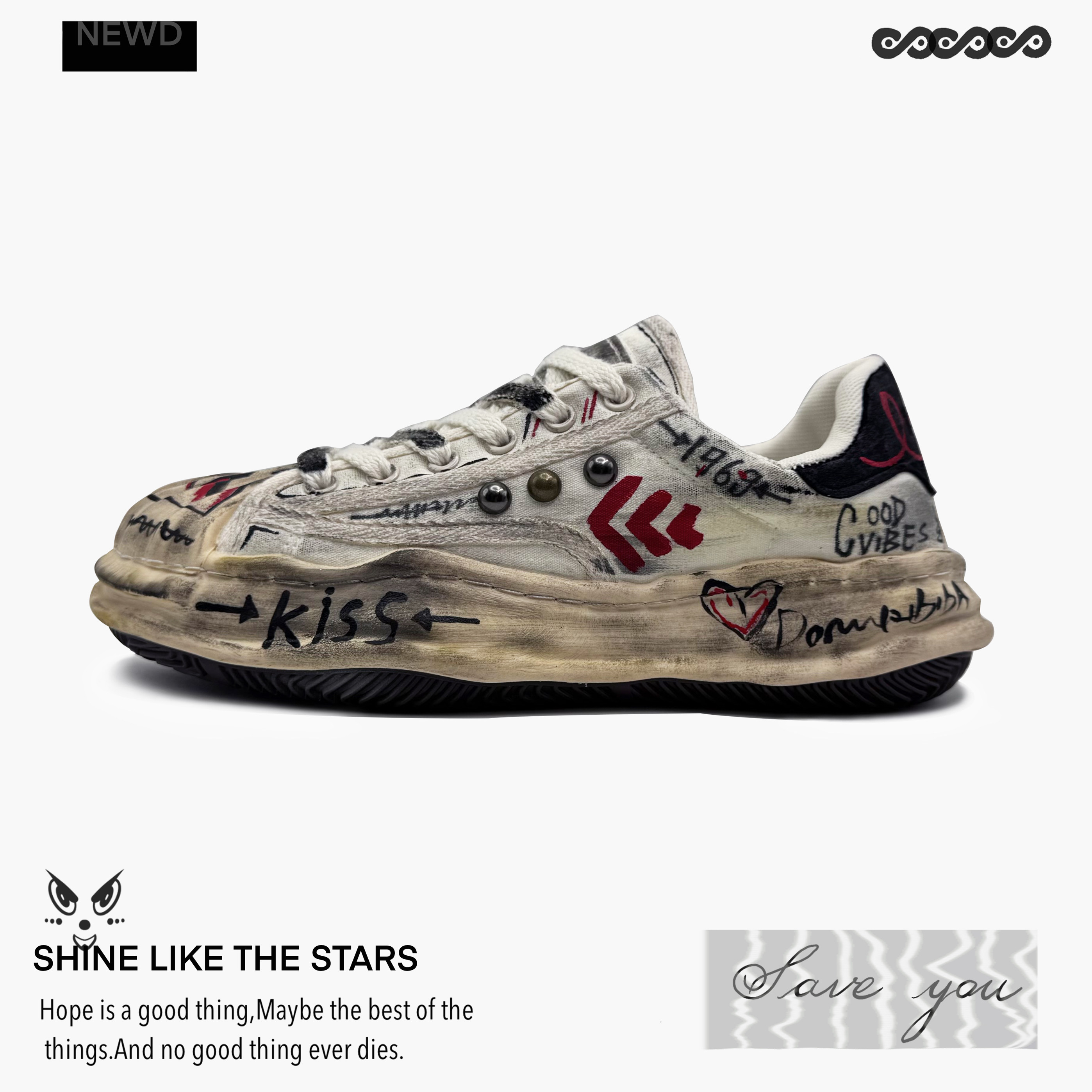 thumbnail for Original distressed graffiti dissolving shoes men's platform board shoes 2025 new hand-painted crown versatile couple small white shoes