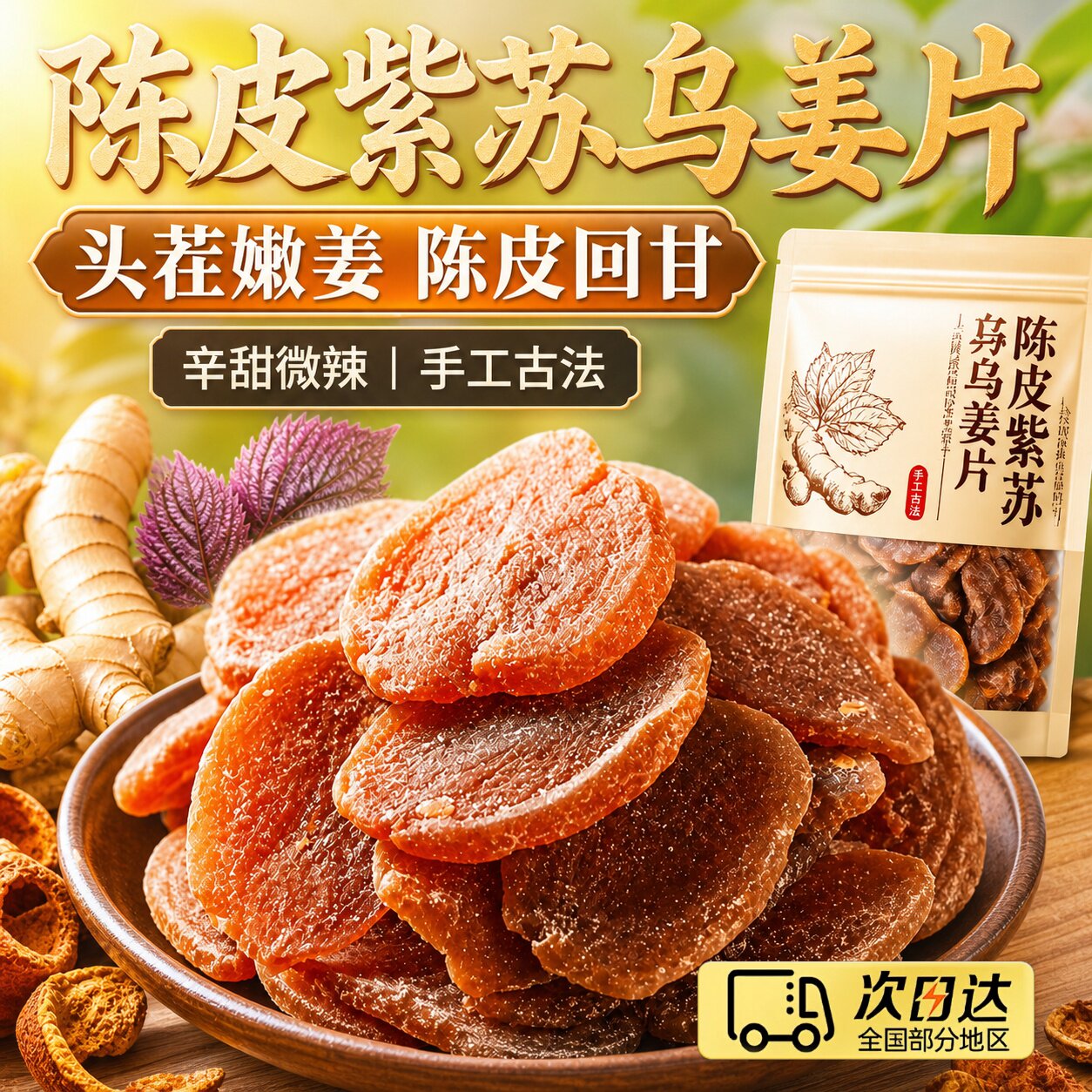 正宗纯手工陈皮紫苏红糖姜片干