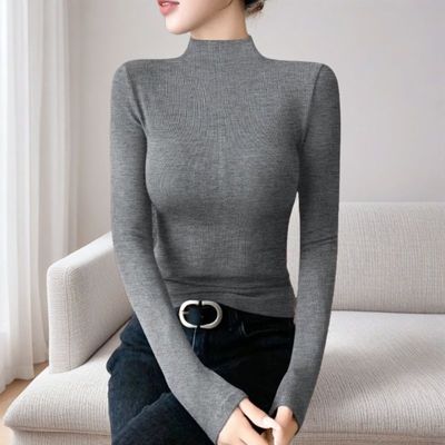 2025秋冬季新款半高领打底衫女内搭长袖修身显瘦薄款针织外穿上衣