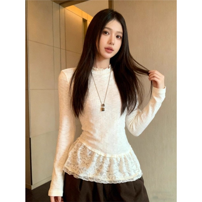 宋正恩杏色木耳边内搭打底衫t恤女冬季2025蕾丝花边修身长袖上衣