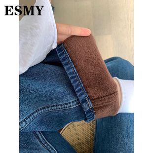 深蓝色直筒牛仔裤女秋冬加绒裤子大码胖mm高腰显瘦弹力百搭烟管裤