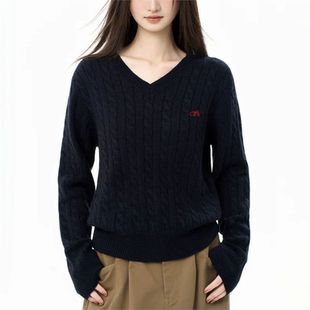 iiiamX藏青色v领麻花毛衣女秋冬季宽松慵懒风加厚针织打底衫上衣