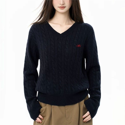 iiiamX藏青色v领麻花毛衣女秋冬季宽松慵懒风加厚针织打底衫上衣
