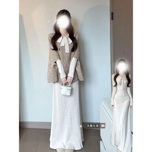 斗篷针织连衣裙女秋冬季2025新款韩系千金小个子香风穿搭套装长裙