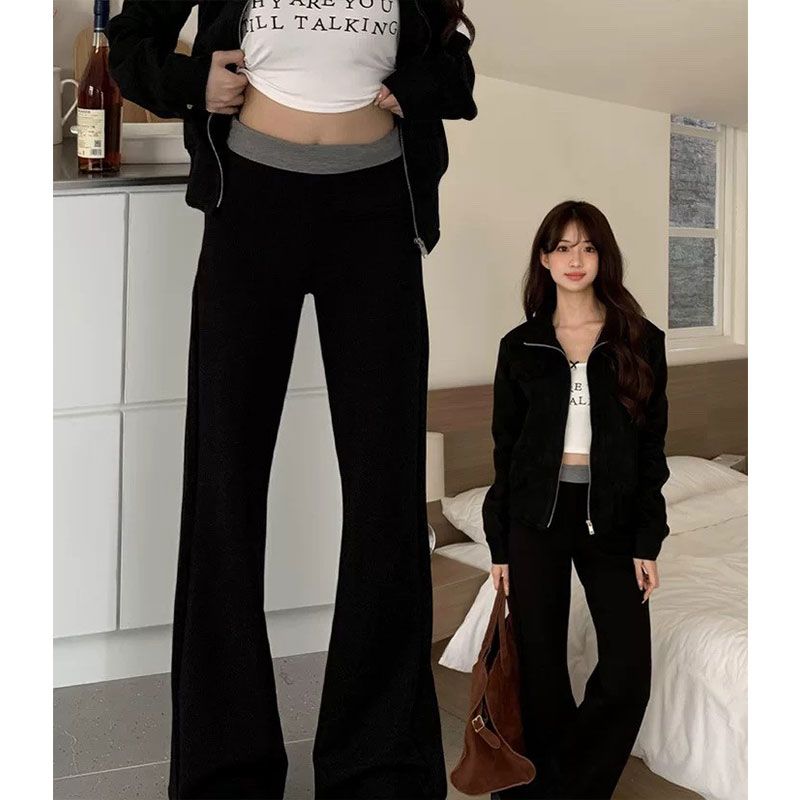 橘子树在哪儿腰头撞色休闲弹力喇叭裤女春季修身显瘦垂感拖地卫裤