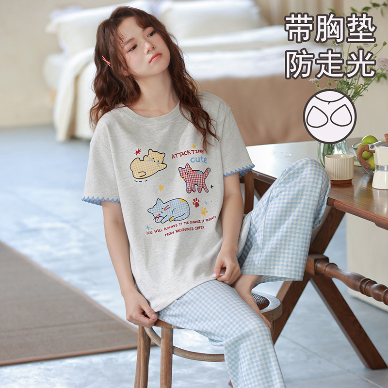 夏季纯棉胸垫卡通女短袖睡衣套装